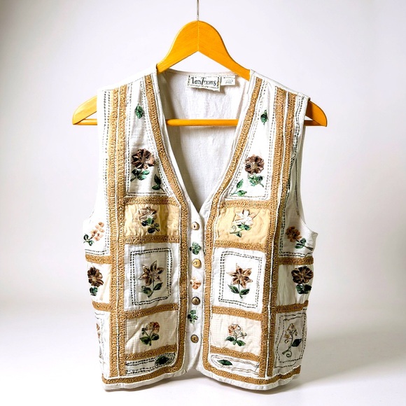 Vintage Tops - Vintage Cotton And Linen Embroidered Vest